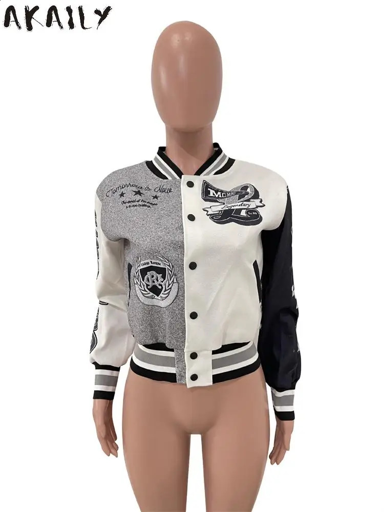 Akaily Gray Fashion Graphic Print Bomber Jackets Streetwear Outfits Women Fall Winter Button Fly Patchwork Baseball Jackets 240827