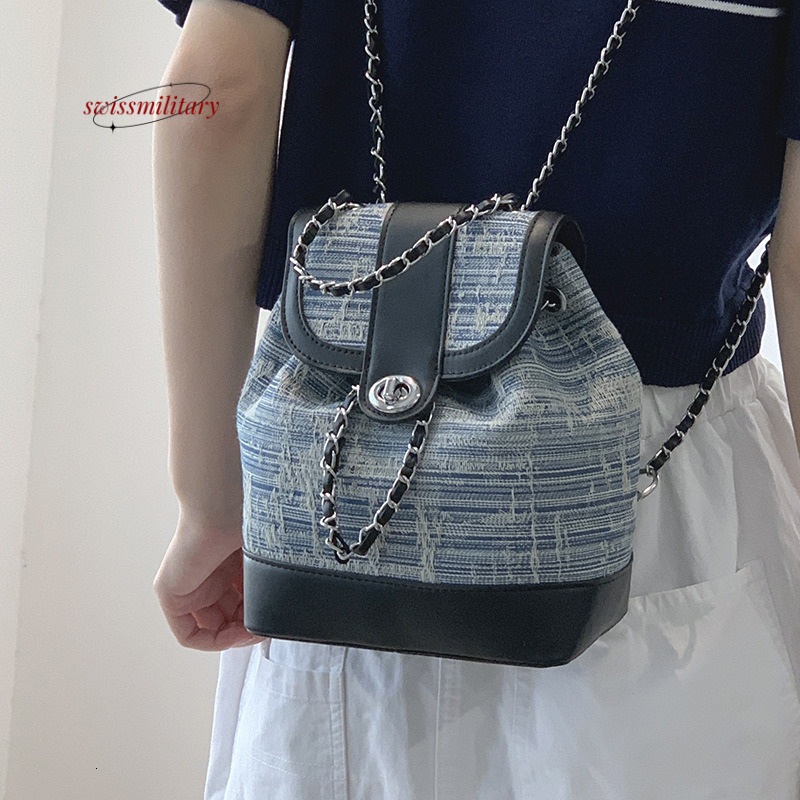 Swissmilitary Korean version fashionable for women 2023 new chain backpack versatile denim bucket bag #43