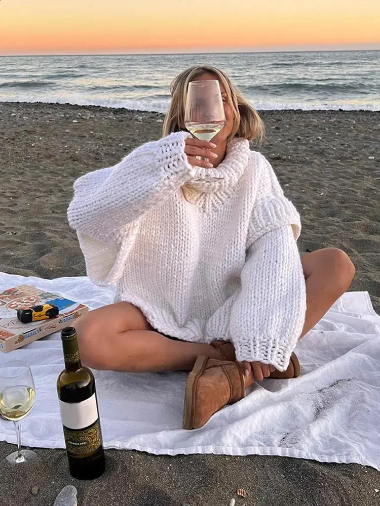 Solid Knitted Turtlrneck Double Light Cover Womens Pulling Flower Thick Ultra fine Loose Top Sweater AutumnWinter Fashion 240826