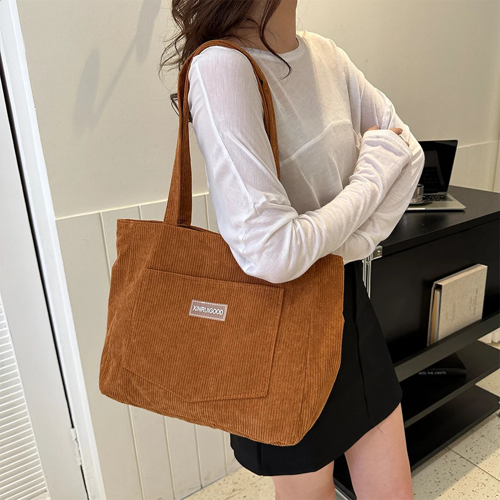 Corduroy womens handbag waterproof shoulder bag shopping large capacity school work travel 240826