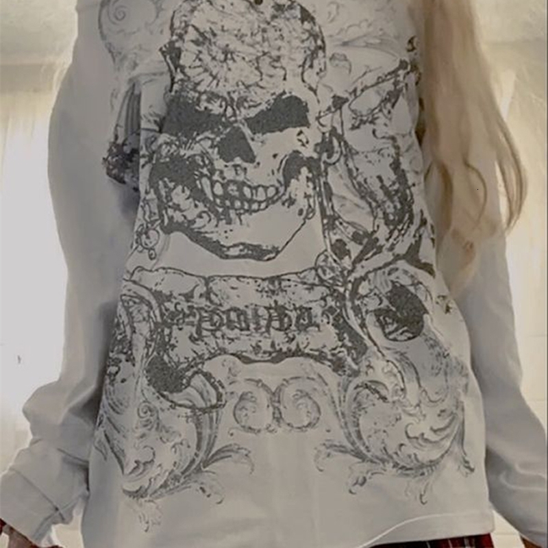 Y2K Womens Autumn Loose Gothic Top Skull Printed Shoulder Long Sleeve Oversized T-shirt 240826