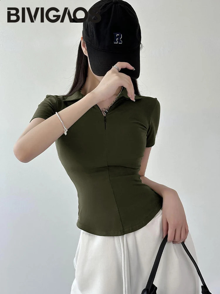 BVIGAOS summer cotton lapel zipper short sleeved T-shirt for women ultra-thin tight and sexy polo shirt half neck high neck T-shirt 240827