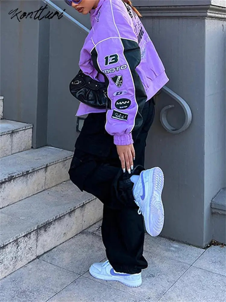 Kontturi Fall Casual Letter Print Jackets For Women O Neck Long Sleeve Zip Up Coat Streetwear Outfit Purple Varsity Jackets 240827