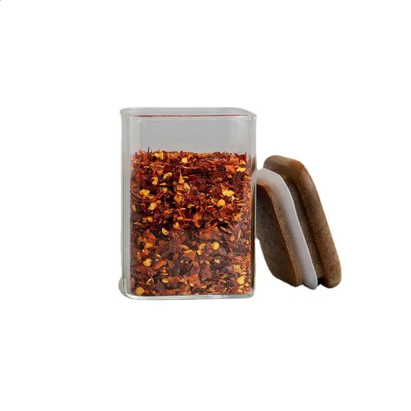 4 pieces of Acacia wood lid seasoning jar square transparent glass bottle kitchen storage salt spice restaurant sealed w240826