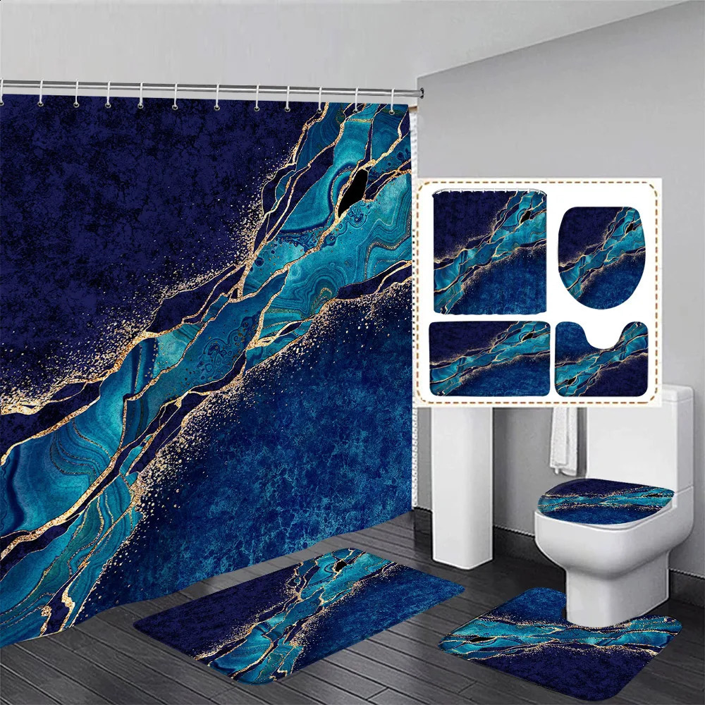 Abstract Blue Marble Shower Curtain Set Gold Line Ink Texture Art Modern Home Bathroom Decor Bath Mats Toilet Lid Cover 240826