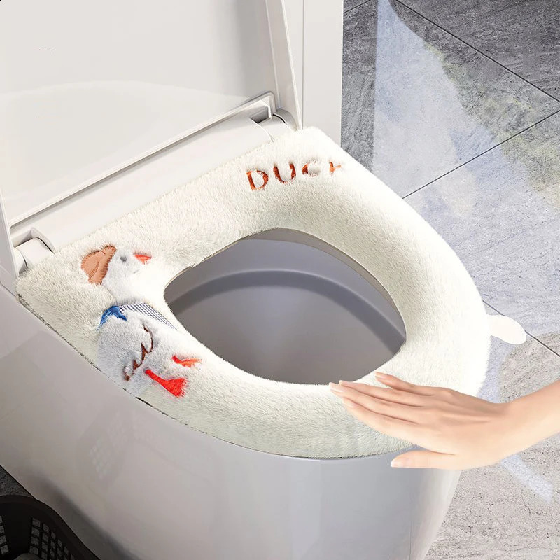 Cute Toilet Seat Cover With Zipper Washable Toilet Mat Cover Pad Cushion with Handle Winter Warm Universal Bathroom Accessories 240826