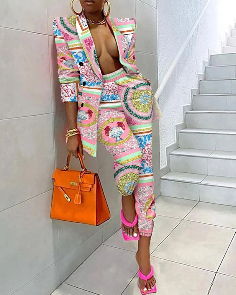 STYLISH LADY Printed Two Piece Set Women Long Sleeve Notched Blazer and Long Pant Set Autumn Elegant OL 2 Piece Blazer Set 240826