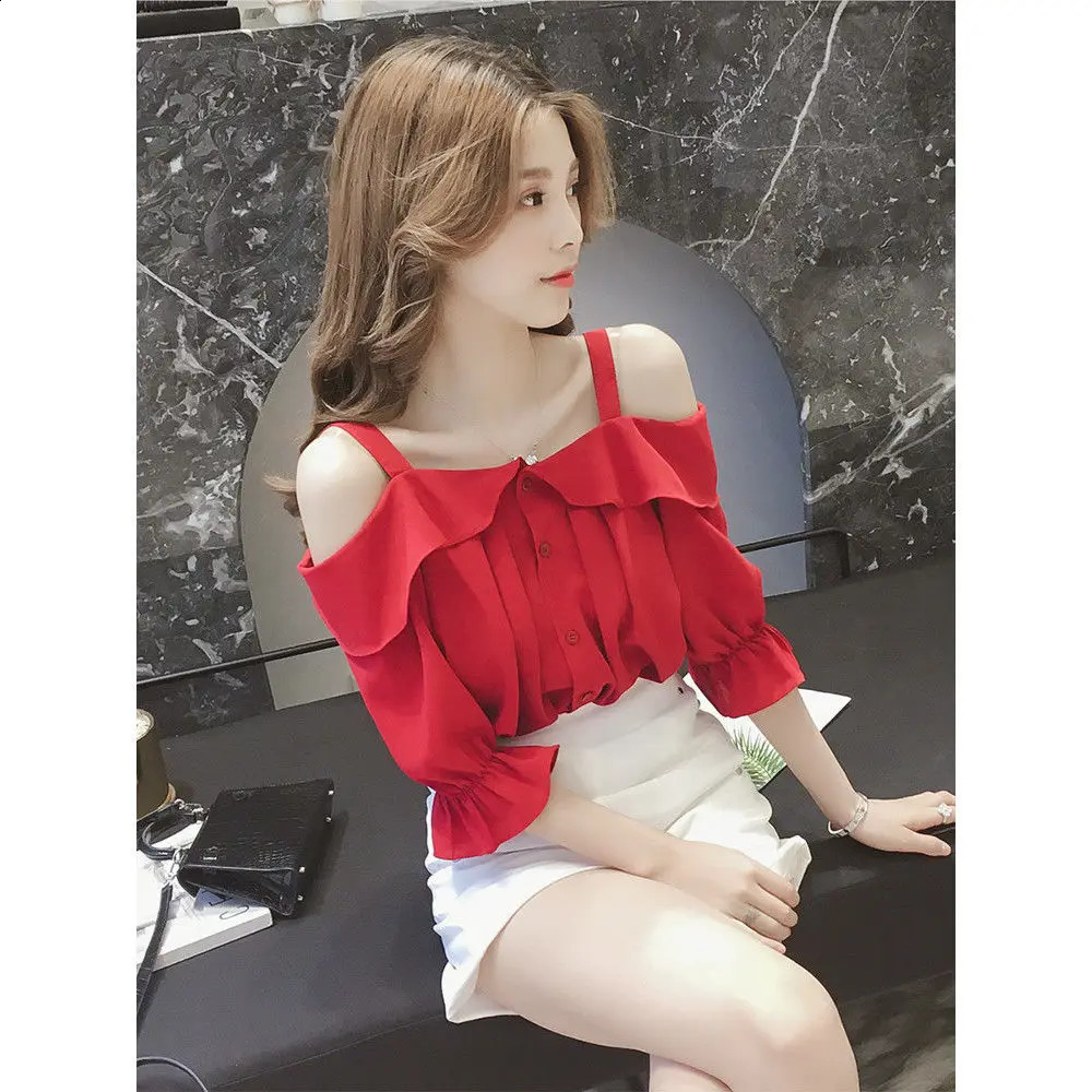 White Camisole Chiffon Shirt Womens Short Sleeved Summer Style One Shoulder Lotus Leaf Sleeve Shirt Top 240827