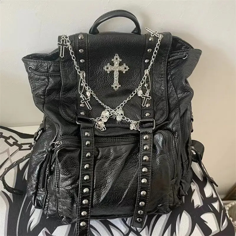 MBTI Goth Y2k Backpacks for Women Black Punk Rivet Chain School Students Bag Pu Leather Cross Skeleton Fashion Female 240827