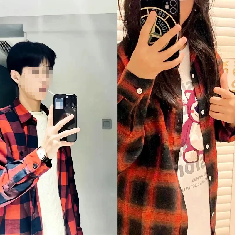 Vintage Plaid Shirts Oversize Basics Long Sleeve Turn-down Collar Pocket Loose Single Breasted Casual Thin Coat 240826