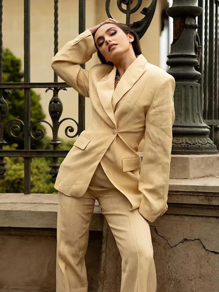 Elegant Lace Up Blazer Coat Pant Sets Women Khaki Slim Pocket Lapel Long Sleeve Coats Two Piece Set Fashion Autumn 240826