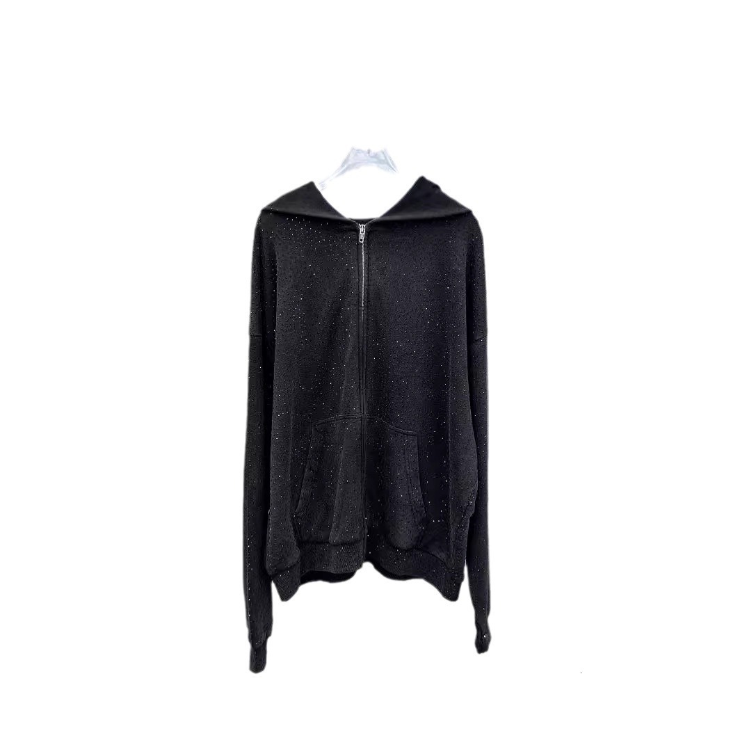 Spring/Summer New unisex Heavy Industry Full Body Hot Diamond Black/White Hooded Hoodie Coat