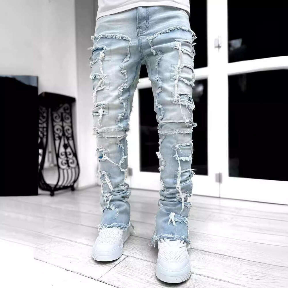 Jeans for Men Stretch Fit Skinny Stacked Ripped Destroyed Jeans Slim Fit Patch Y2K Denim Pants Slim Fit Trousers Streetwear