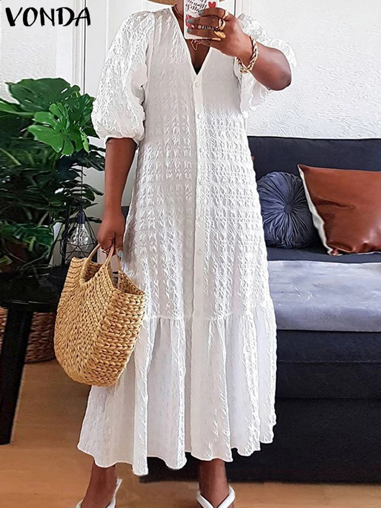 Plus Size 5XL VONDA Women Shirt Dress Summer Sexy V Neck Buttons Half Sleeve Long Maxi Vestidos Bohemian Elegant Party Robe 240827