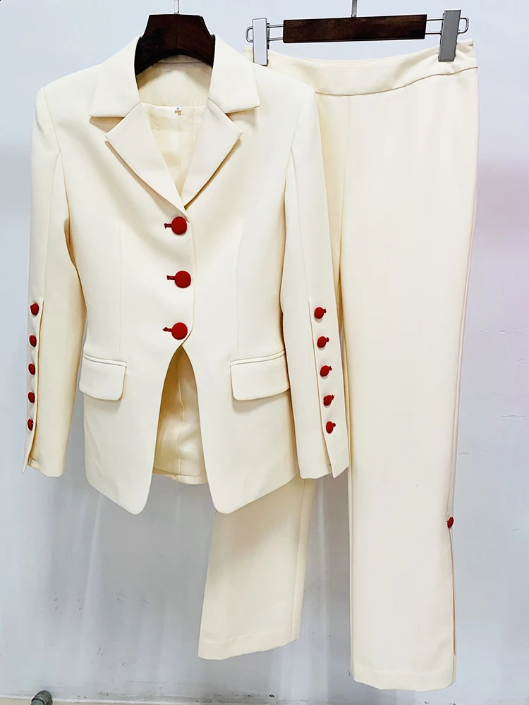 HIGH STREET est er Fashion Runway Suit Set Womens Stylish Color Buttons Trim Blazer Slit Pants Suit 240826