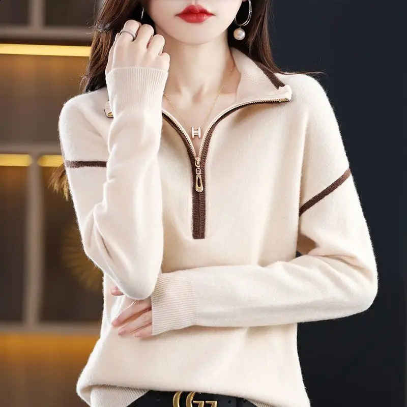 Streetwear Fashion Zipper Plain Collar Knitted Sweater Spring and Autumn Womens Wear Long Sleeve Loose Casual Zipper 240827