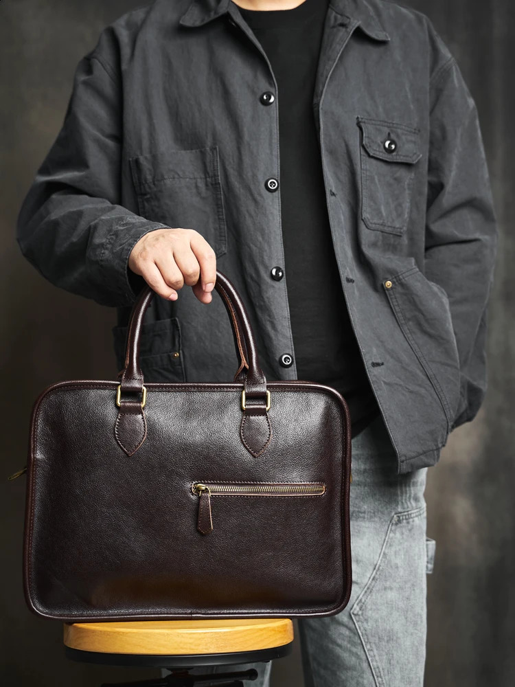 Genuine Leather Mens Business Briefcase Casual Vintage Handbag Shoulder Messenger Bag Office Laptop 16 Inch 240827