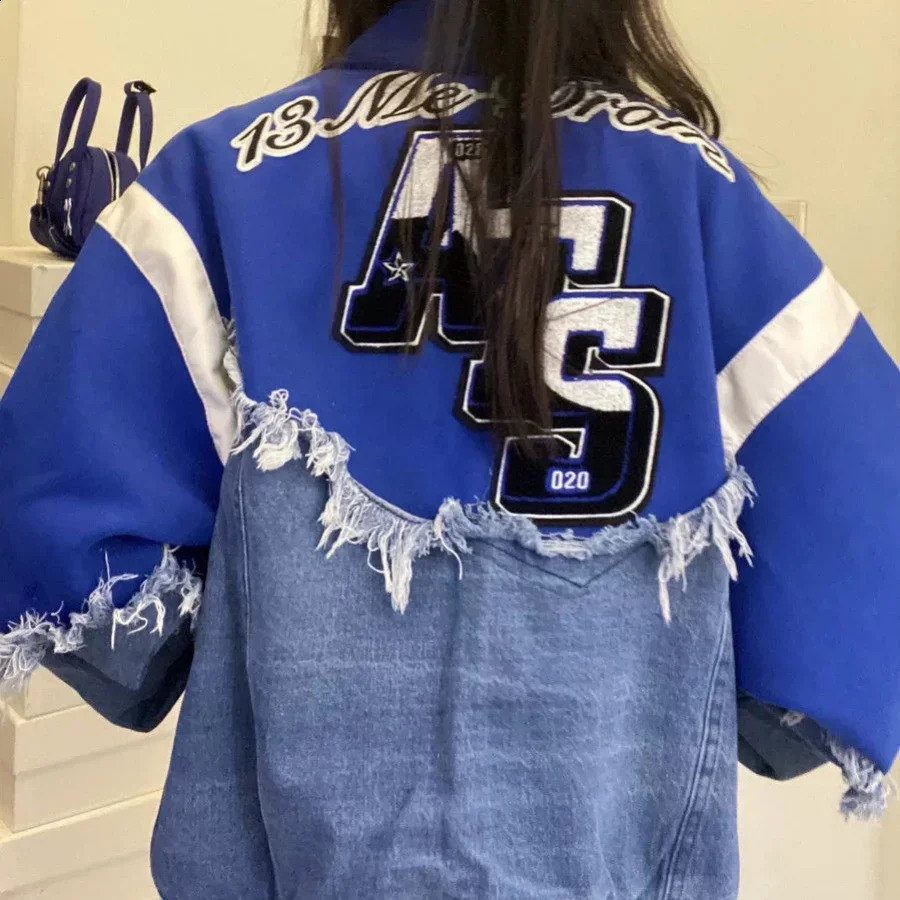 Womens Denim Patchwork Jackets Oversize Sports Top Bomber Jacket Coats American Streetwear Retro Baseball s 240827