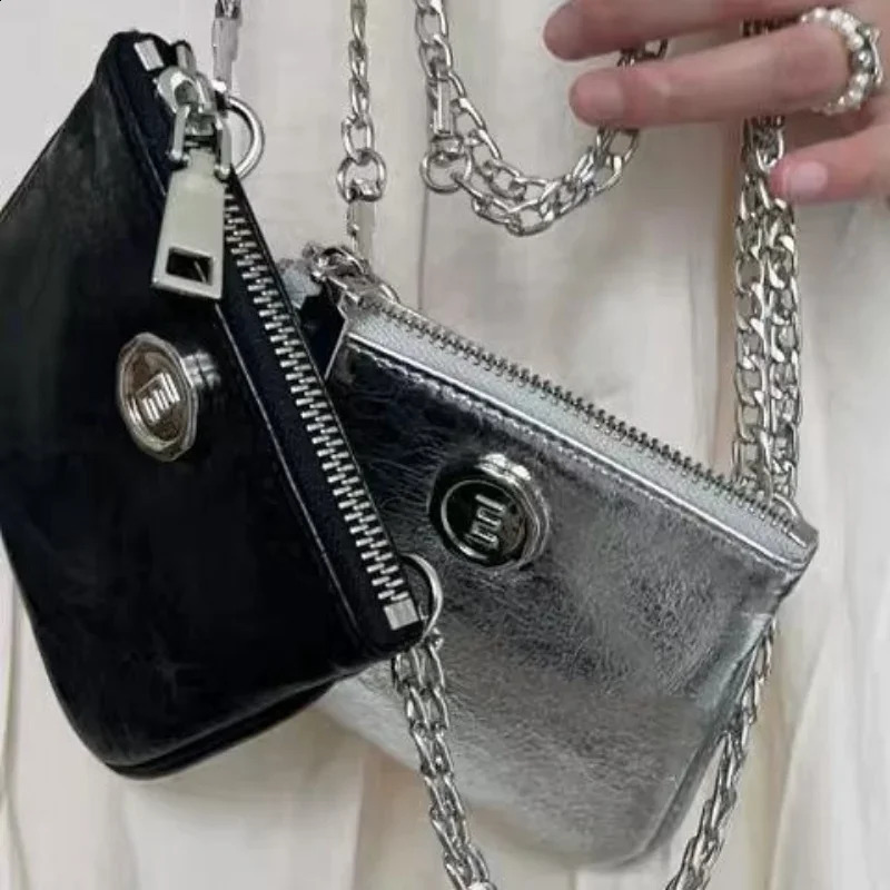 Korean Ins Fashion Mini Shoulder Bags PU Black Silver Zipper Cross Body Bag for Women Lipstick ID Credit Card Money Storage 240827