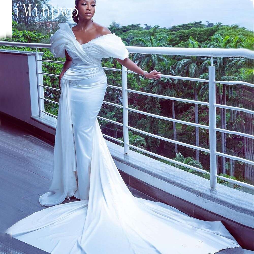 Mermaid African White Wedding Dresses Off Shoulder Sweep Train Pleats Covered Button Chapel Bridal Gowns Robes De Mariage