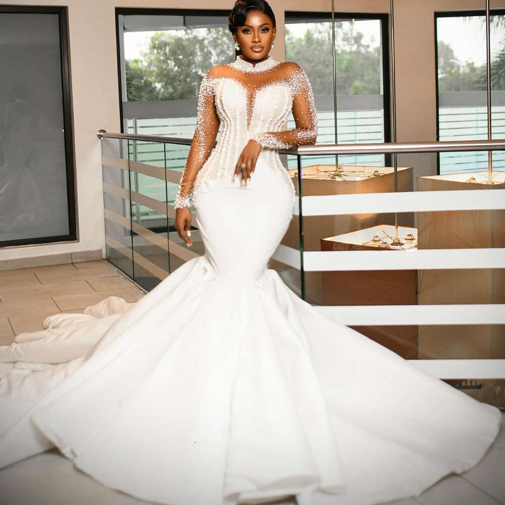 Lavish Mermaid Wedding Dresses for Bride High Neck Long Sleeve Pearls Beading African Bridal Gowns robes