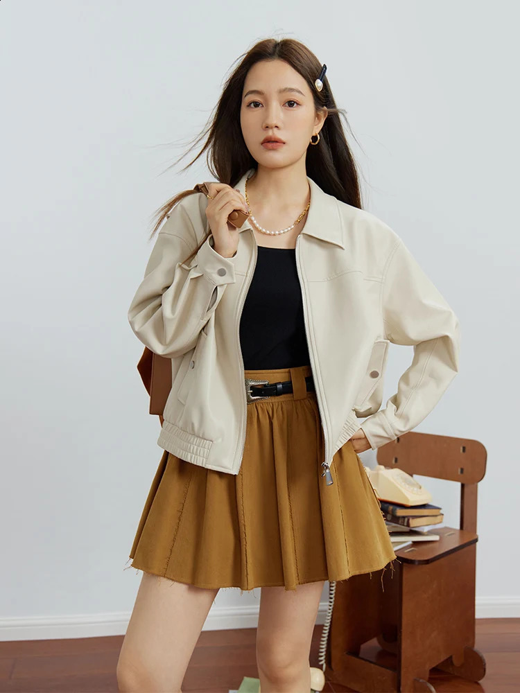 DUSHU Classic Jacket Leather Coat Autumn Ultra Thin Retro Hong Kong Style Flip Collar Casual Womens Loose 240826