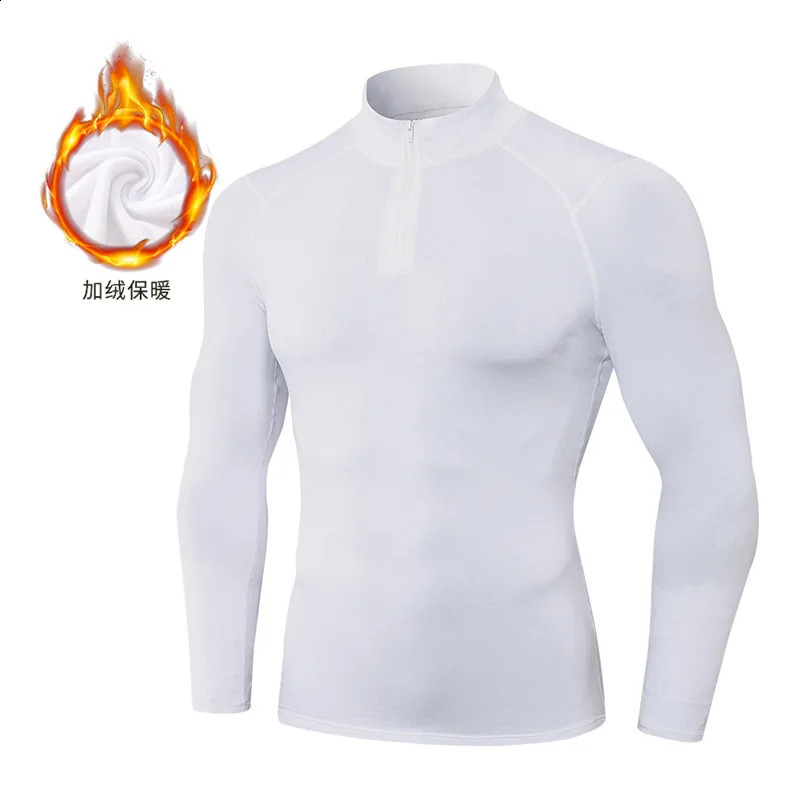 Mens autumn and winter velvet fitness suit Tshirt tight fitting exercise running long sleeved warm stand up hooded sweatshirt 240827