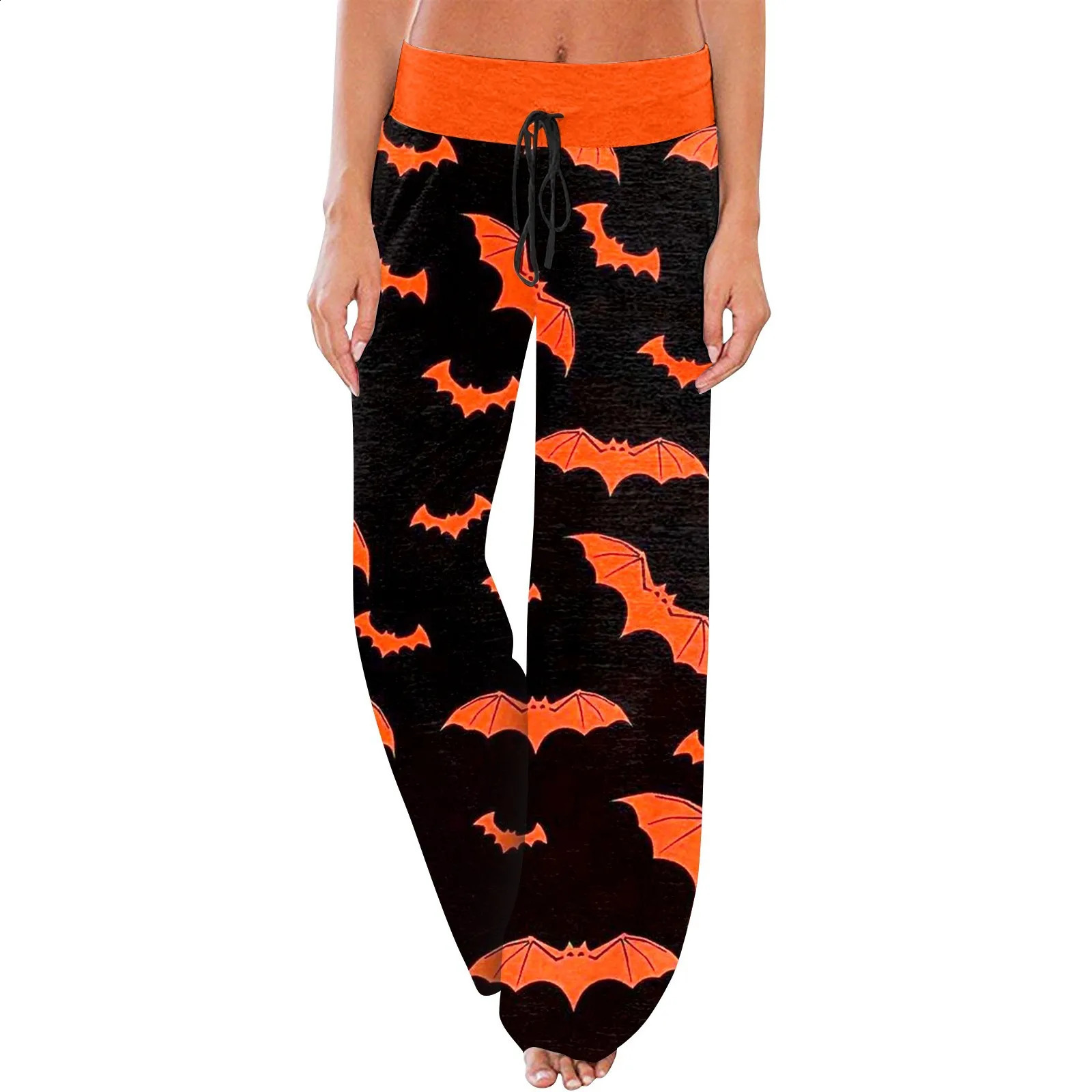 Womens Gothic Bat Sleepwear Halloween Printed Sleepwear Comfortable Lounge Bottom Brushed Wide Leg Pants 240827