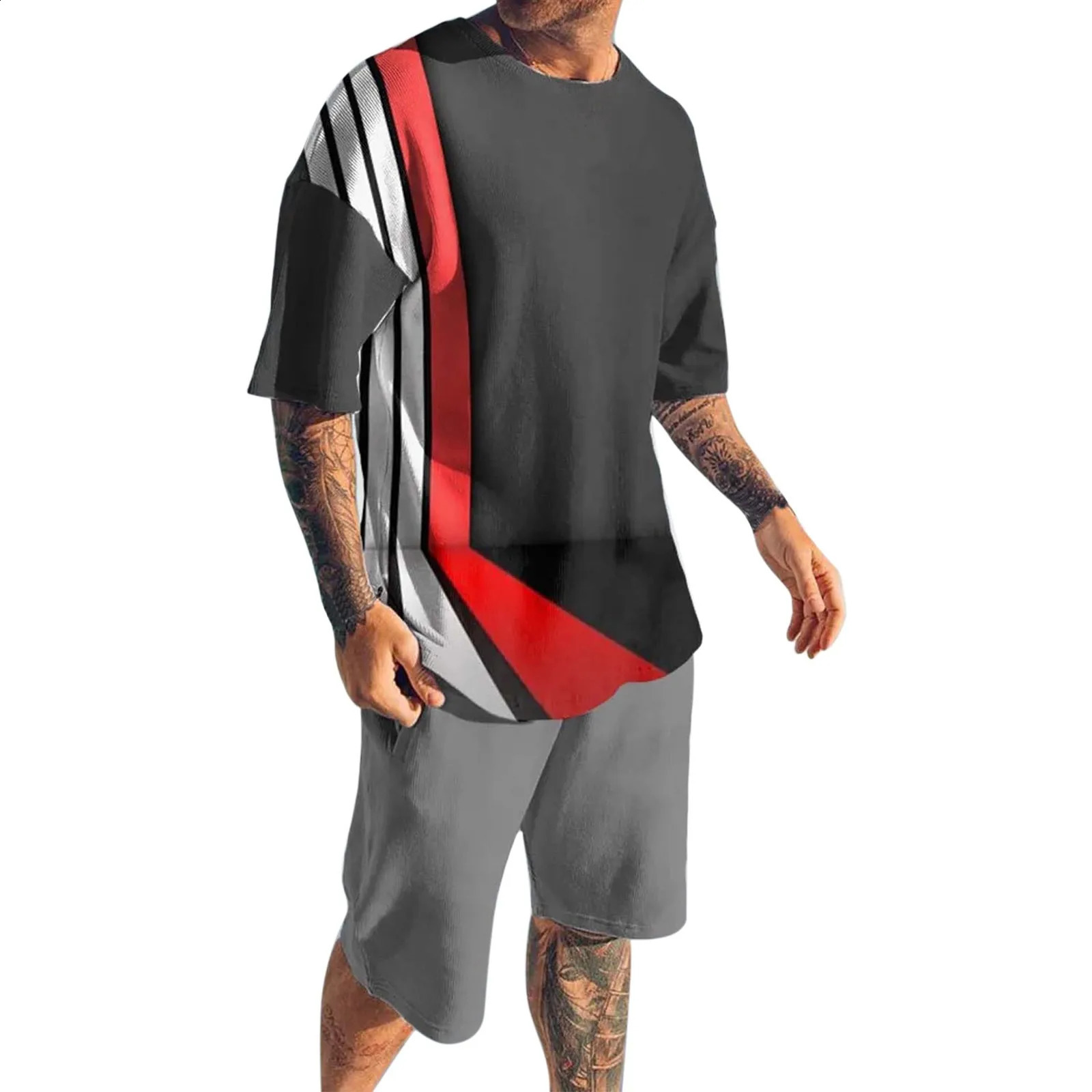 Large size loose casual mens summer sports set 2-piece Pathcwork striped printed short sleeved topshorts set 240827