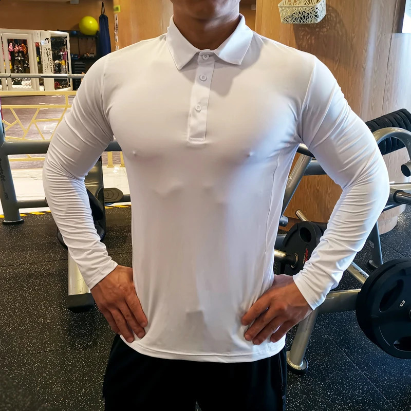 Quick drying running shirt mens bodybuilding sports Tshirt long sleeved compression top fitness tight fitting polo 240827