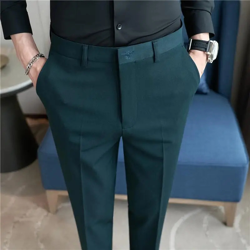 Summer Embroidered Business Formal Pants Men Korean Style Slim Office Social Suit Pants High Quality Streetwear Ankle Pants 240827