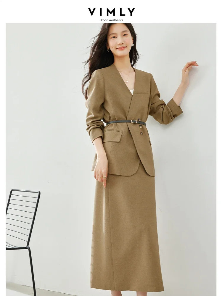 Vimly Spring Outfits Blazer Skirt 2 Pieces Sets for Women Elegant Fashion Matching Sets Jacket Split Skirt Suit with Belt 240826