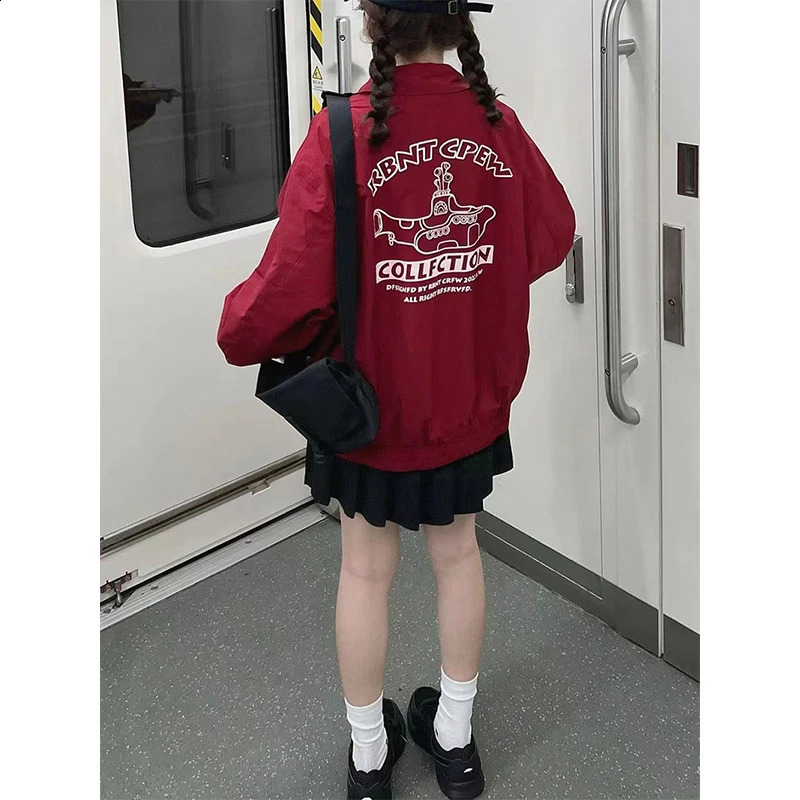 Streetwear Red Bomber Jackets Women Oversized Print Jacket Y2K Harajuku Zip Up Wind-Proof Outwear Korean Loose Casual Coat Tops 240827