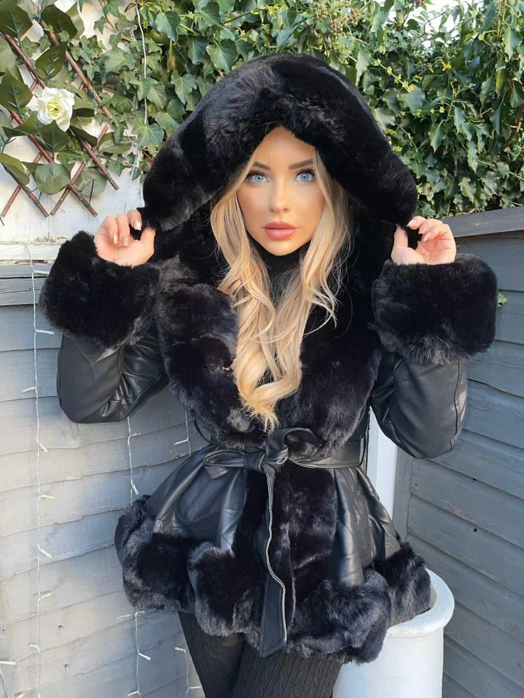 EE1492 PU Leather Short Jacket Womens Fashion Tie Waist Coat Womens Elegant Artificial Fur Hooded Coat Womens Fur Lining Womens 240826