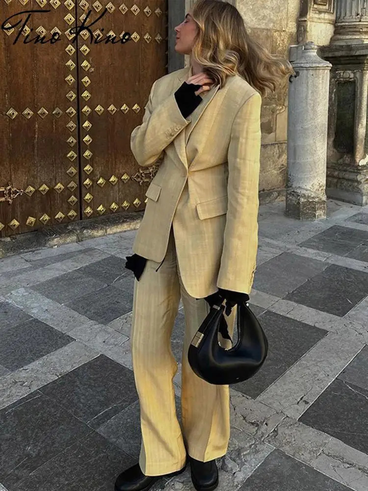 Elegant Lace Up Blazer Coat Pant Sets Women Khaki Slim Pocket Lapel Long Sleeve Coats Two Piece Set Fashion Autumn 240826