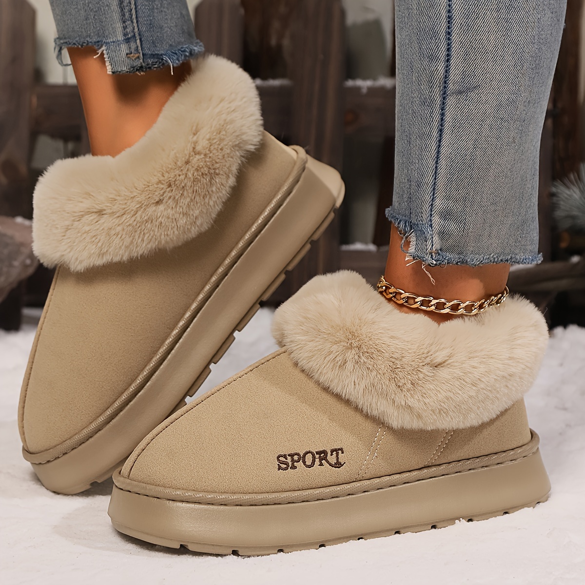 Women's Solid Color Fluffy Slippers, Soft Sole Platform Plush Lined Warm Shoes, Non-slip Floor Mute Shoes Snow boots