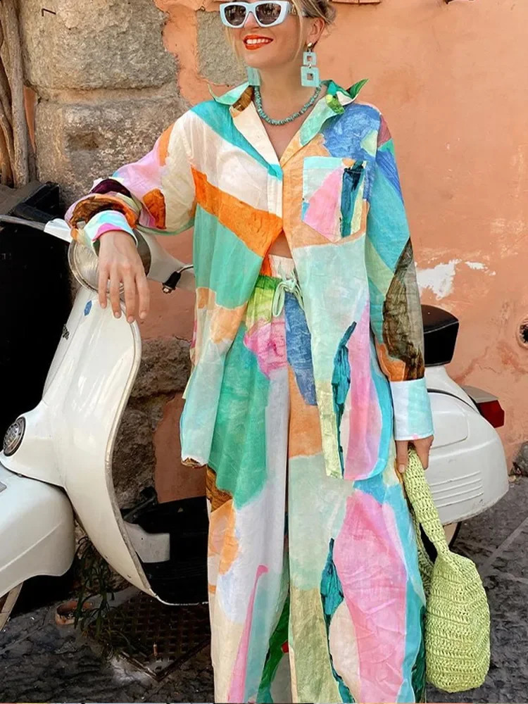 Fashion Printed Long Pant Sets for Women Casual Long Sleeve Pocket Shirt Loose Wide Leg Trousers Female 2 Pieces Set Streetwear 240826