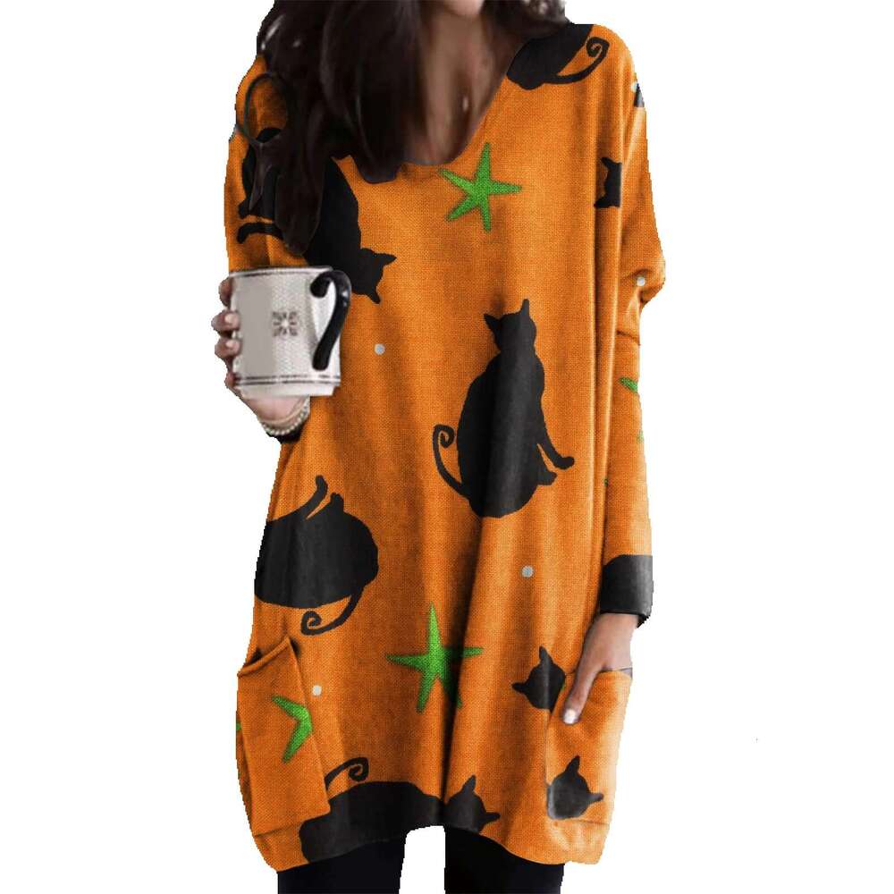 2024 Autumn/Winter New Halloween Cat Pumpkin Long Sleeved Dress