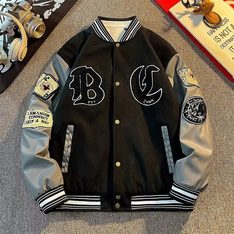 Y2K Harajuku Style Fashion Vintage Baseball Uniform Woolen Coat Men American High Street Retro Couple Stitching Jacket Women 240827