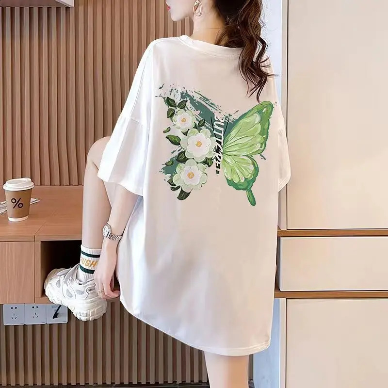 Summer floral alphabet round neck short sleeved loose and fashionable Midi T-shirt womens office womens top 240826