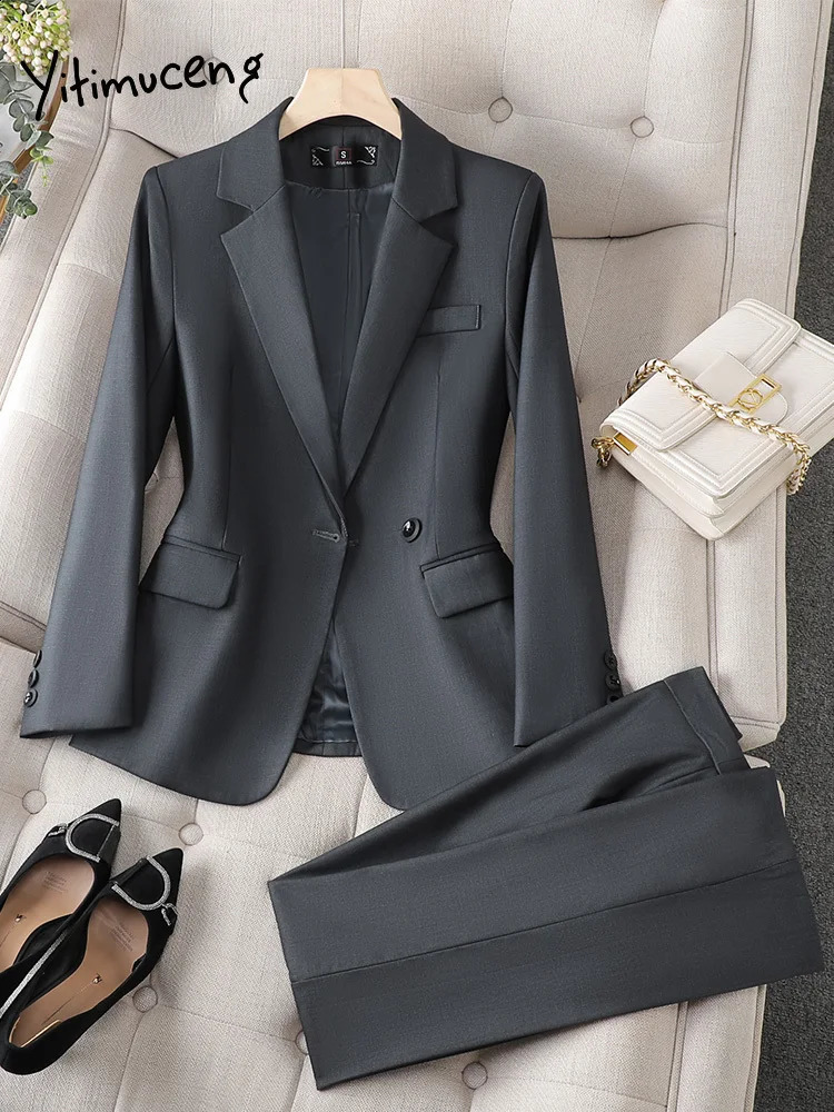 Yitimuceng Office Wear Women Blazer Suits Elegant Fashion Chic Coats Long Sleeve Casual Blazer Jacket Suits Pants 2 Piece Set 240826