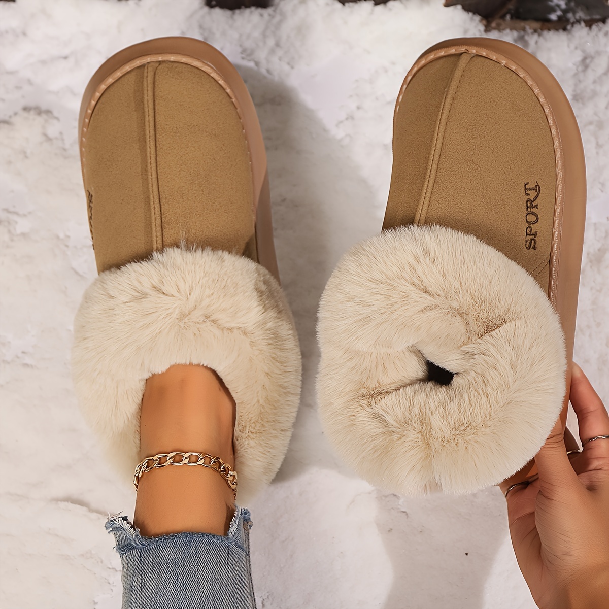 Women's Solid Color Fluffy Slippers, Soft Sole Platform Plush Lined Warm Shoes, Non-slip Floor Mute Shoes Snow boots