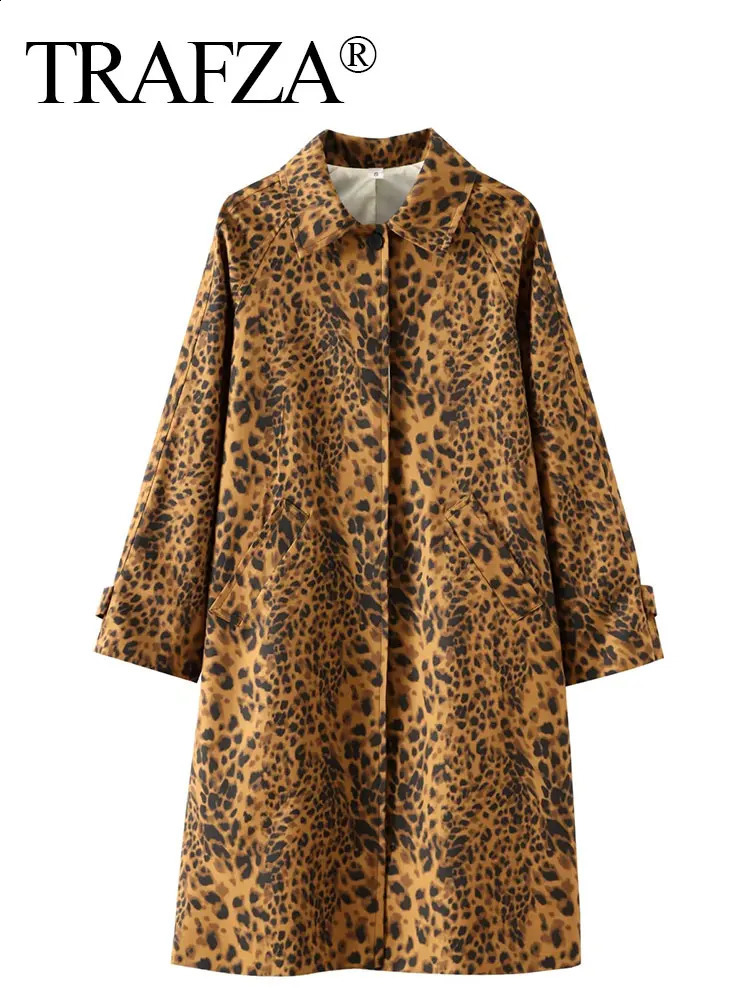 TRAFZA Womens Fashion Leopard Pattern Trench Coat Retro Long Sleeve Single Chest Jacket Street Clothing TRAF 240826