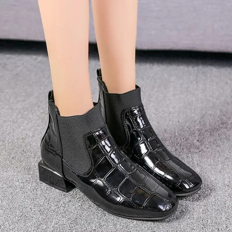 Chic Women Boots Shiny Pu Leather Autumn Winter Shoes Spuare Toe Block Heels Ankle Boots Female Botas Zapatos Mujer 240826