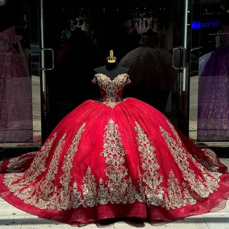 Off Red The Shoulder Corset Ball Gown Quinceanera Dresses Gold Appliques Lace Beads Tull Vestidos De Anos Sweet Dress D