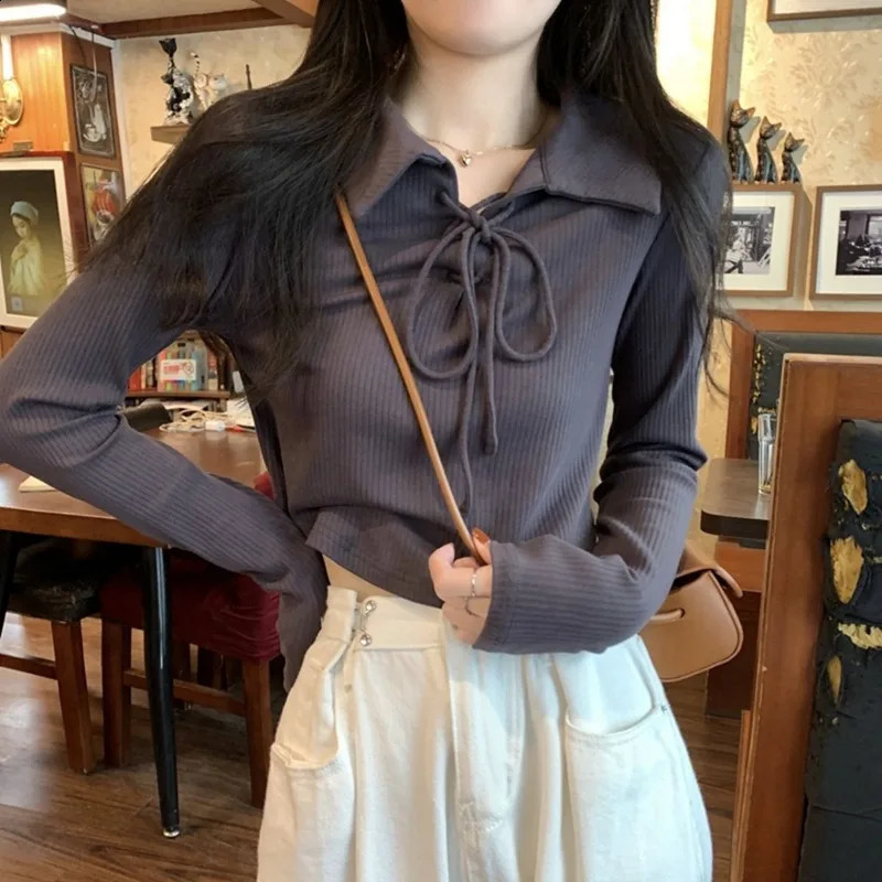 Crop top womens autumn T-shirt Y2k Korean fashion long sleeved T-shirt polo solid color T-shirt womens ultra-thin T-shirt lace clothes 240827