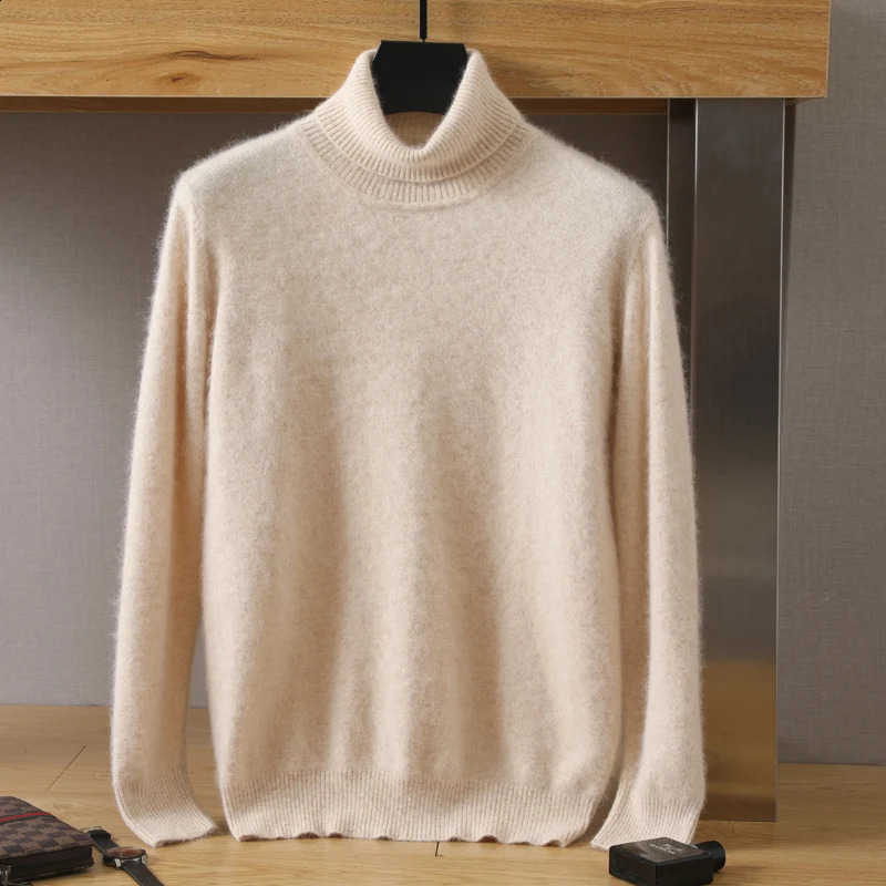 Mens 100% Pure Mink Cashmere Sweater High Lapel Pullover Versatile Casual Knitting Warm Long Sleeve High-End Flat Top 240826