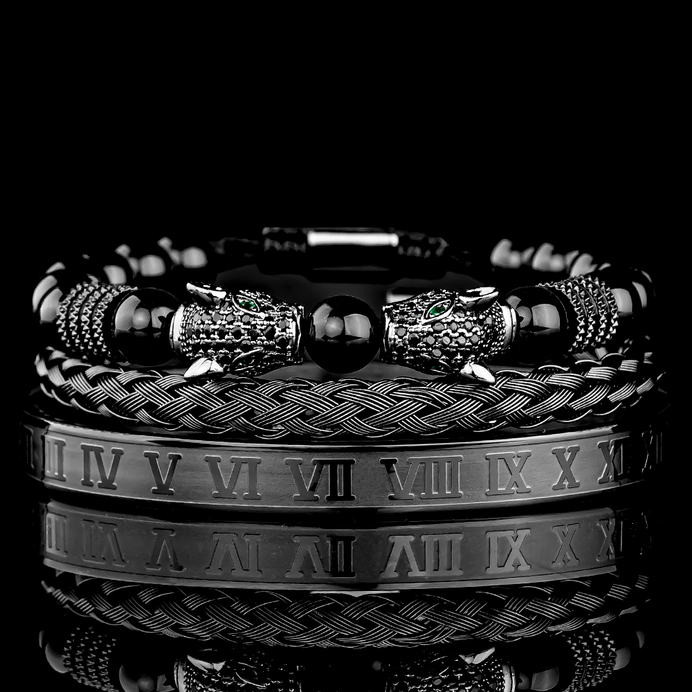 3PCS Mens Premium Black Agate Beaded Bracelet Set - Double Leopard Head, Roman Numerals, Adjustable Braided Design Bracelets Men Bracelets