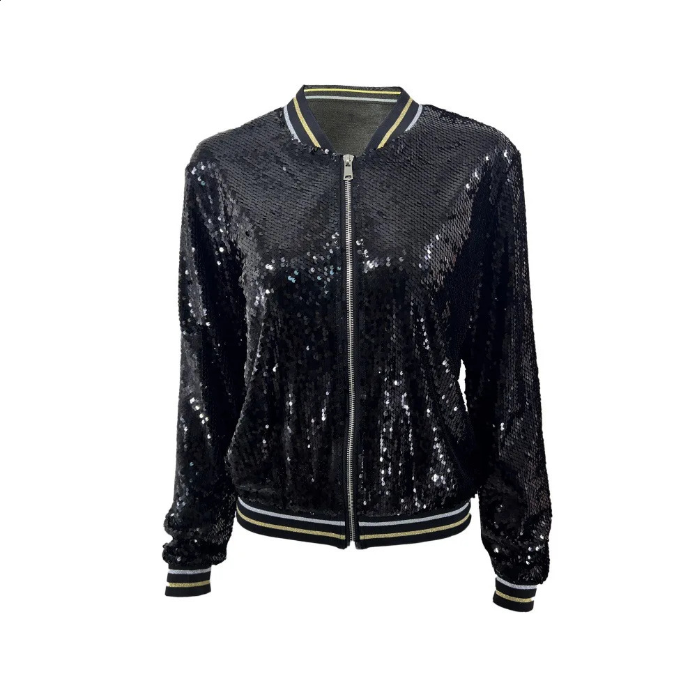 Spring Autumn Golden Black Sequined Jacket Women Patchwork Stand Collar Long Sleeve Short Coat Top Baseball Uniform 39972 240827