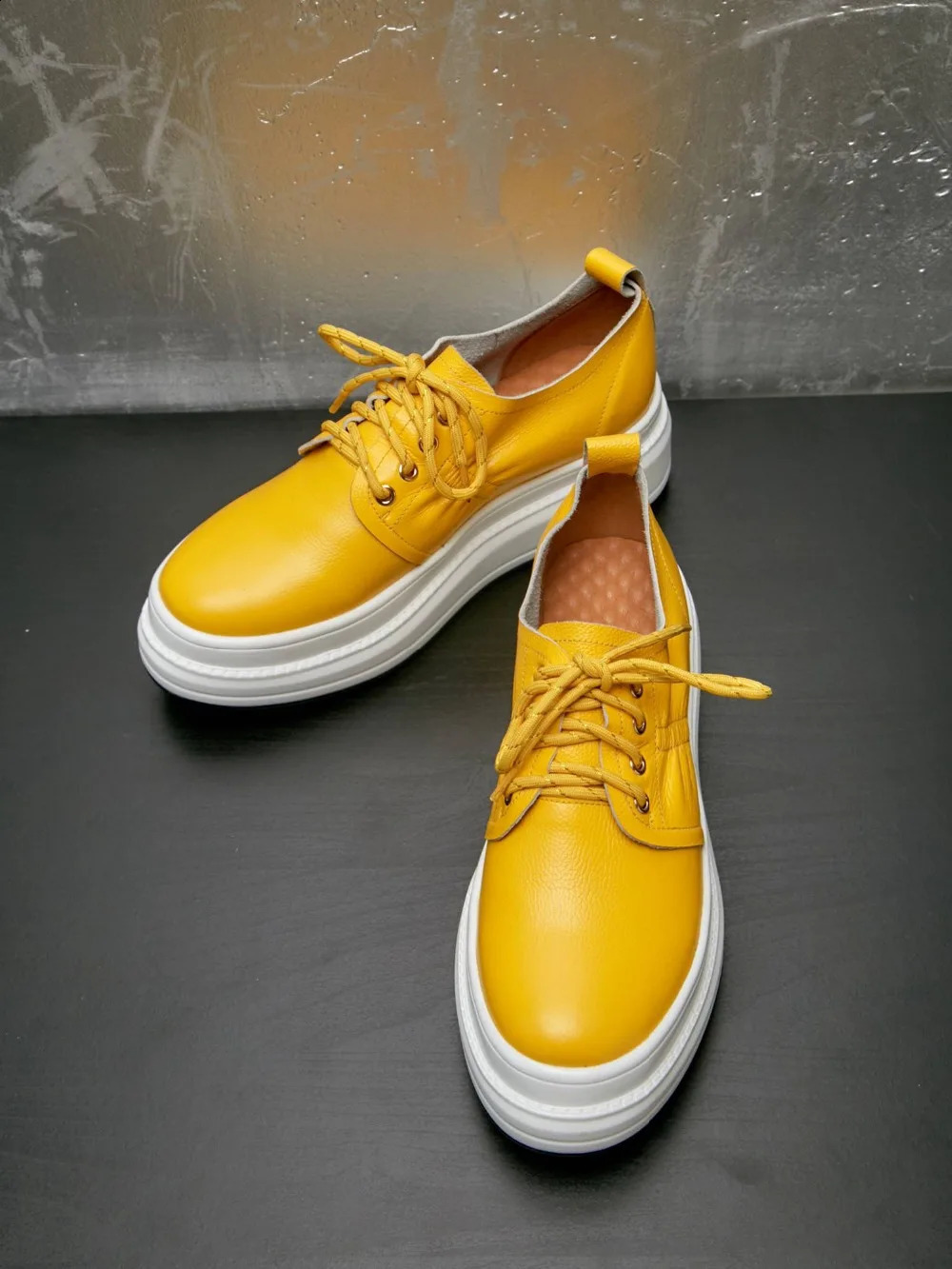 Krazing Pot soft natural leather round toe high sole lace upper sports shoes solid compact casual womens vulcanized shoes L26 240827